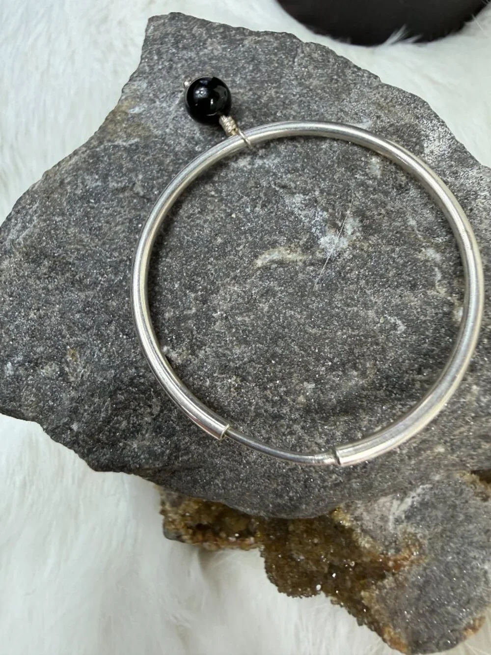 Sterling Silver Hoop Earrings w/ Black Onyx Dangle Bead 1.75